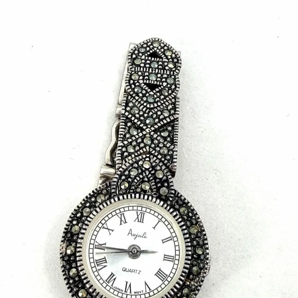 Vintage Anjuli Sterling Silver & Marcasite Womens Cocktail Watch